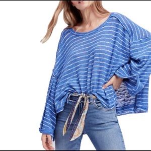 We The Free (Free People) Striped Oversized Raw Hem Top Blue Medium